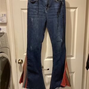 L&B Dark Blue Flare Jeans with Multicolor Fringe